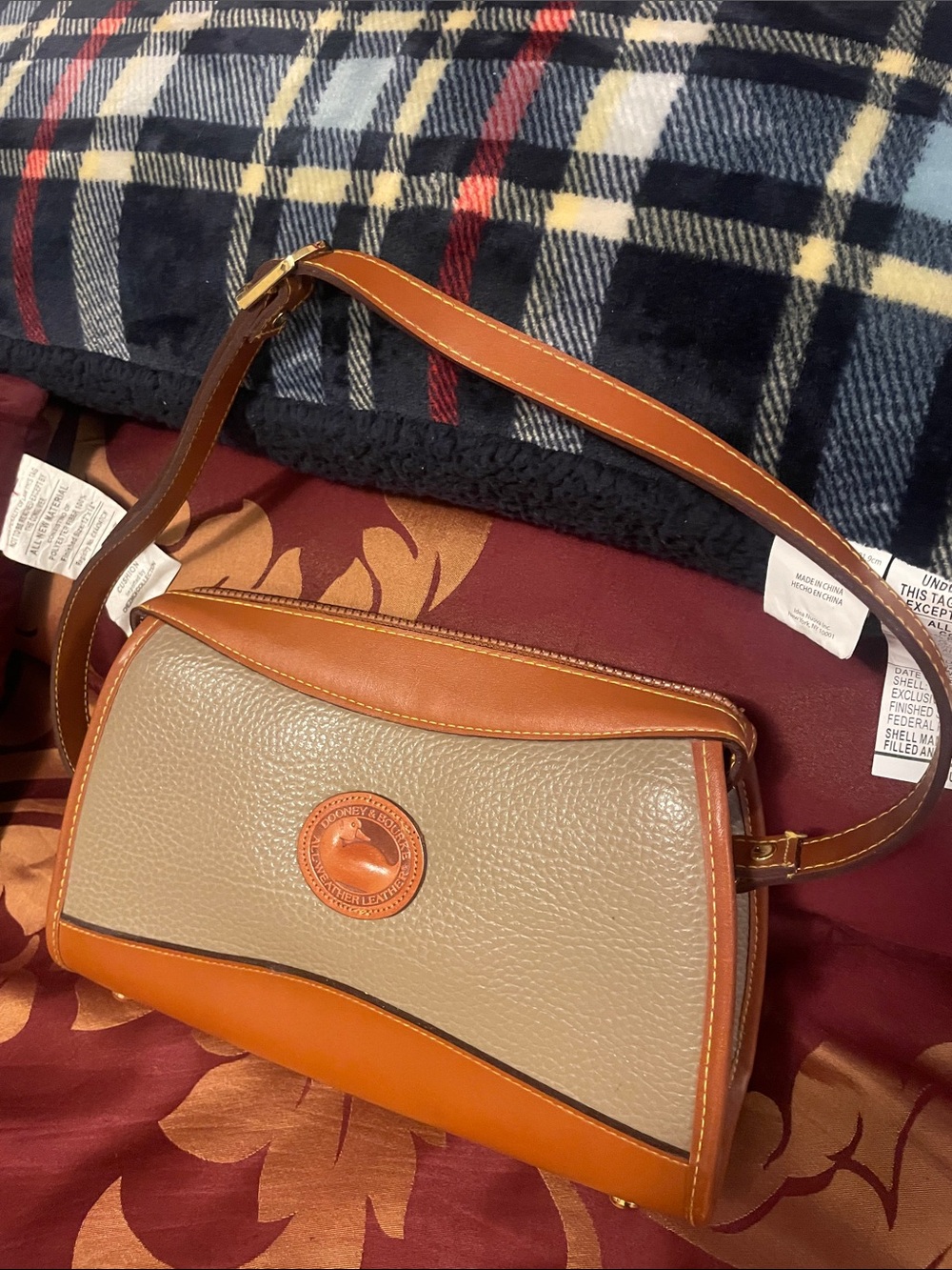 Vintage Dooney & Bourke Tan and Gray Pebbled Leather Shoulder Bag, USA